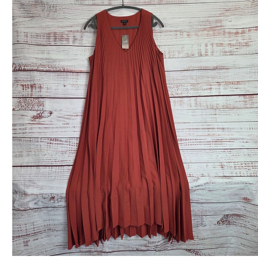 J Jill Sunburst Elliptical Midi Dress M Sleeveless Burnt Orange Pleats Earth NWT